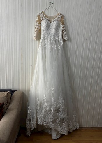 Dantelli Uzun Kollu Straplez Prenses Gelinlik - Görsel 5