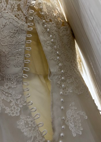 Dantelli Uzun Kollu Straplez Prenses Gelinlik - Görsel 7