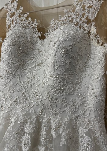 Dantelli Uzun Kollu Straplez Prenses Gelinlik - Görsel 6