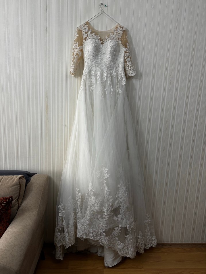 Dantelli Uzun Kollu Straplez Prenses Gelinlik - Görsel 5