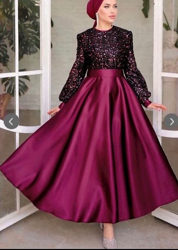 Bordo Uzun Kollu Pul İşlemeli saten abiye - Görsel 2