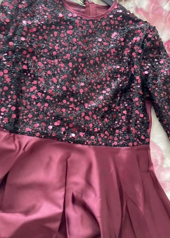 Bordo Uzun Kollu Pul İşlemeli saten abiye - Görsel 4