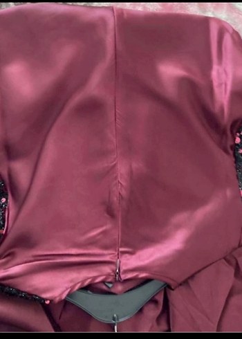 Bordo Uzun Kollu Pul İşlemeli saten abiye - Görsel 3