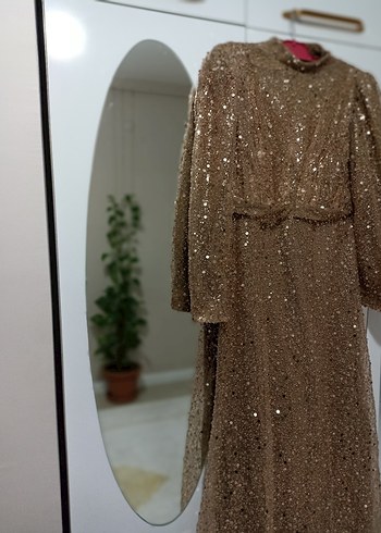 Parlak somon rengi Uzun Kollu Kadın Abiye Elbise - Görsel 5