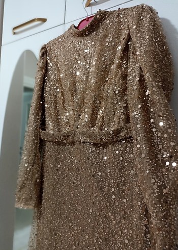 Parlak somon rengi Uzun Kollu Kadın Abiye Elbise - Görsel 6