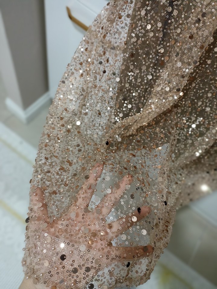 Parlak somon rengi Uzun Kollu Kadın Abiye Elbise - Görsel 2