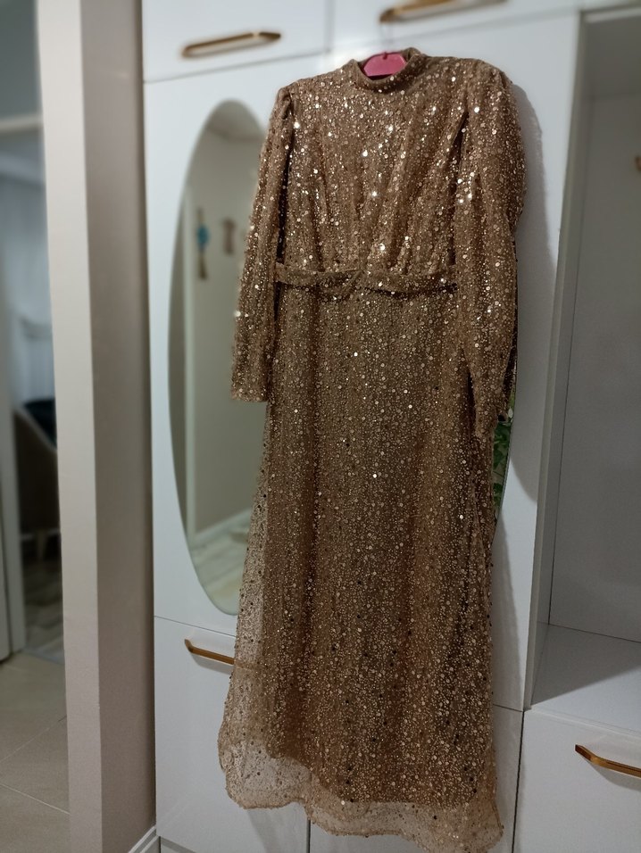 Parlak somon rengi Uzun Kollu Kadın Abiye Elbise - Görsel 3