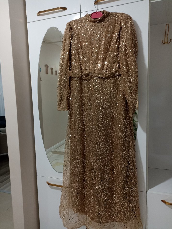 Parlak somon rengi Uzun Kollu Kadın Abiye Elbise - Görsel 4