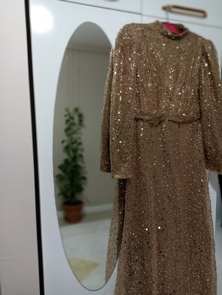 Parlak somon rengi Uzun Kollu Kadın Abiye Elbise - Görsel 5