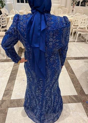 Parlak Mavi Uzun Kollu Taşlı Abiye Elbise - Görsel 3