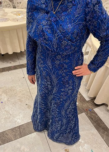 Parlak Mavi Uzun Kollu Taşlı Abiye Elbise - Görsel 2