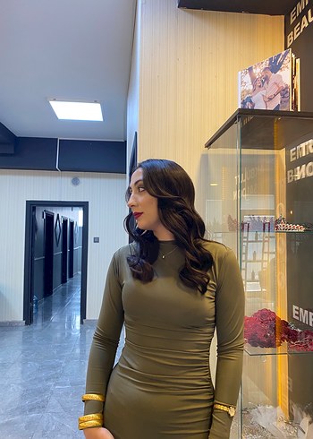 Diğer Yüksek Yakalı Haki Uzun Kadın Elbise