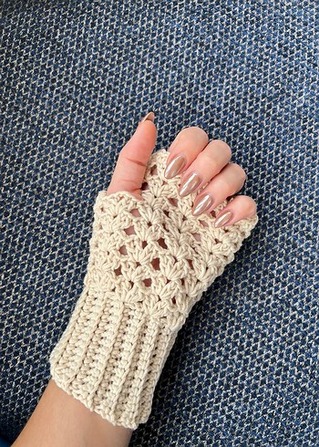 Bej Dantel Detaylı Bohem Örgü Eldiven - Görsel 7