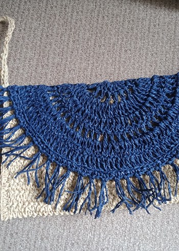 Bohem Mavi Gri Nakışlı kağıt ipten Örgü Kadın Clutch Çanta - Görsel 2