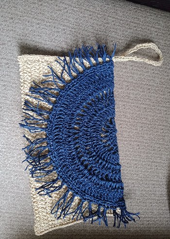 Bohem Mavi Gri Nakışlı kağıt ipten Örgü Kadın Clutch Çanta - Görsel 3