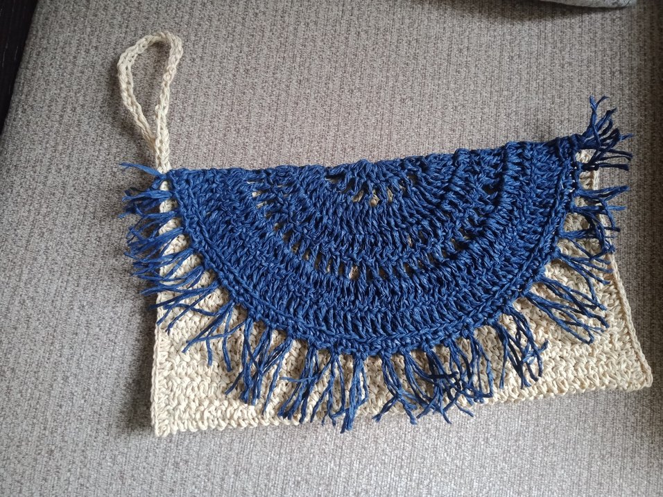 Bohem Mavi Gri Nakışlı kağıt ipten Örgü Kadın Clutch Çanta - Görsel 2