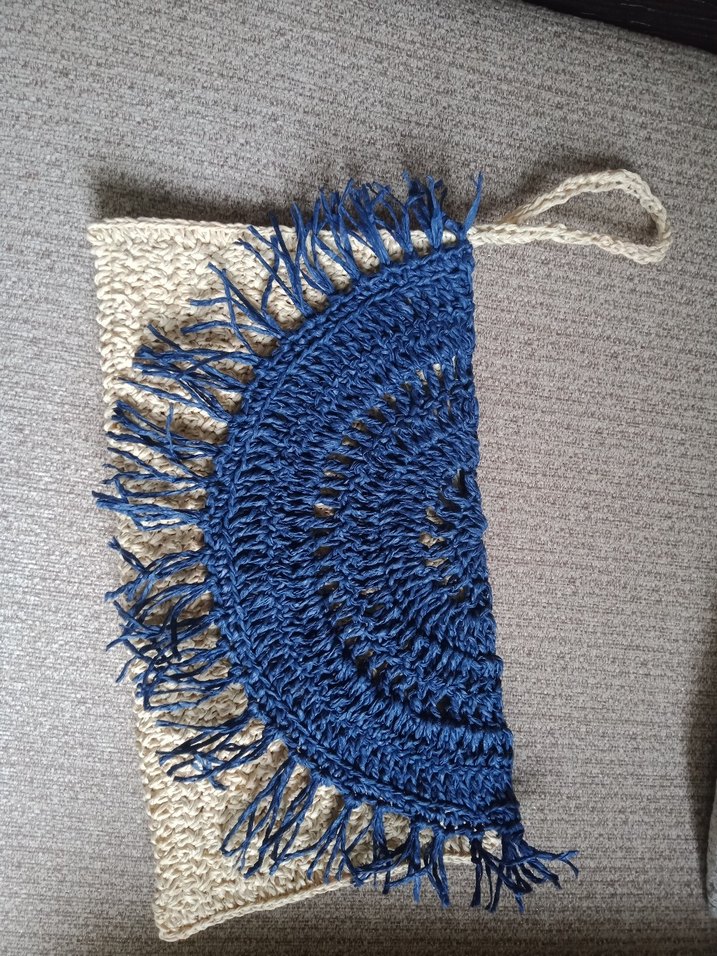 Bohem Mavi Gri Nakışlı kağıt ipten Örgü Kadın Clutch Çanta - Görsel 3