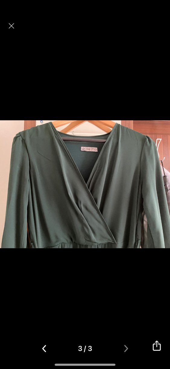 Kemerli V Yakalı Uzun Yeşil Elbise - Görsel 3