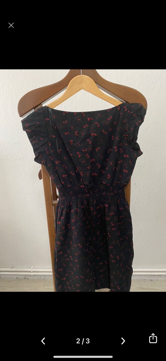 Siyah V Yaka Fırfırlı Midi Elbise - Görsel 2