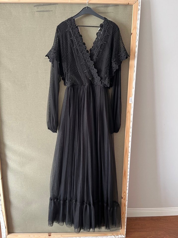 Siyah V Yaka Uzun Kollu Uzun Elbise - Görsel 5