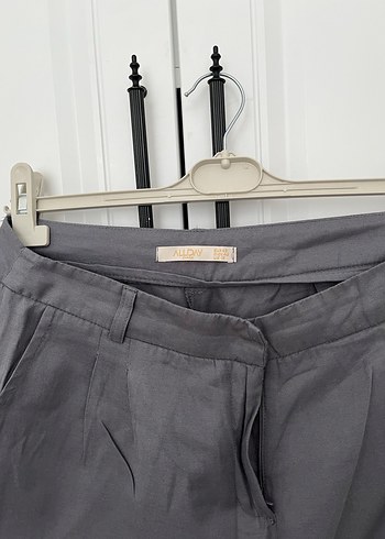 Gri Keten Beli Kemerli Rahat Kadın Pantolon - Görsel 2