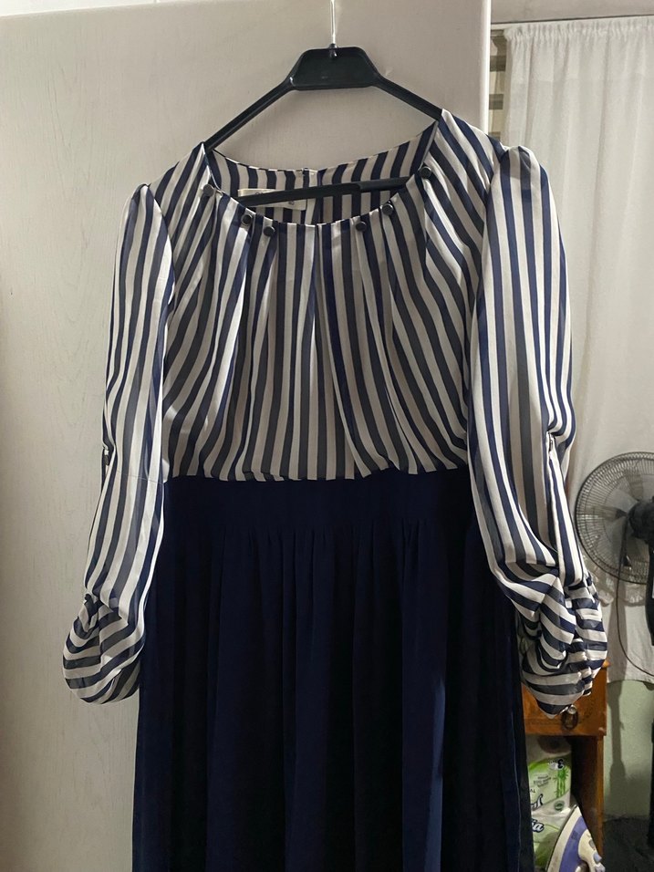 Uzun Kollu Çizgili Mavi Uzun Elbise - Görsel 2