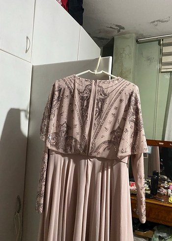 Uzun Bej Vintage Kadın Abiye Elbise - Görsel 3