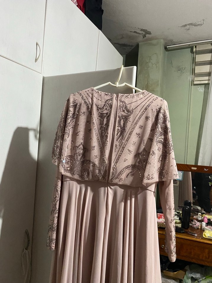 Uzun Bej Vintage Kadın Abiye Elbise - Görsel 3