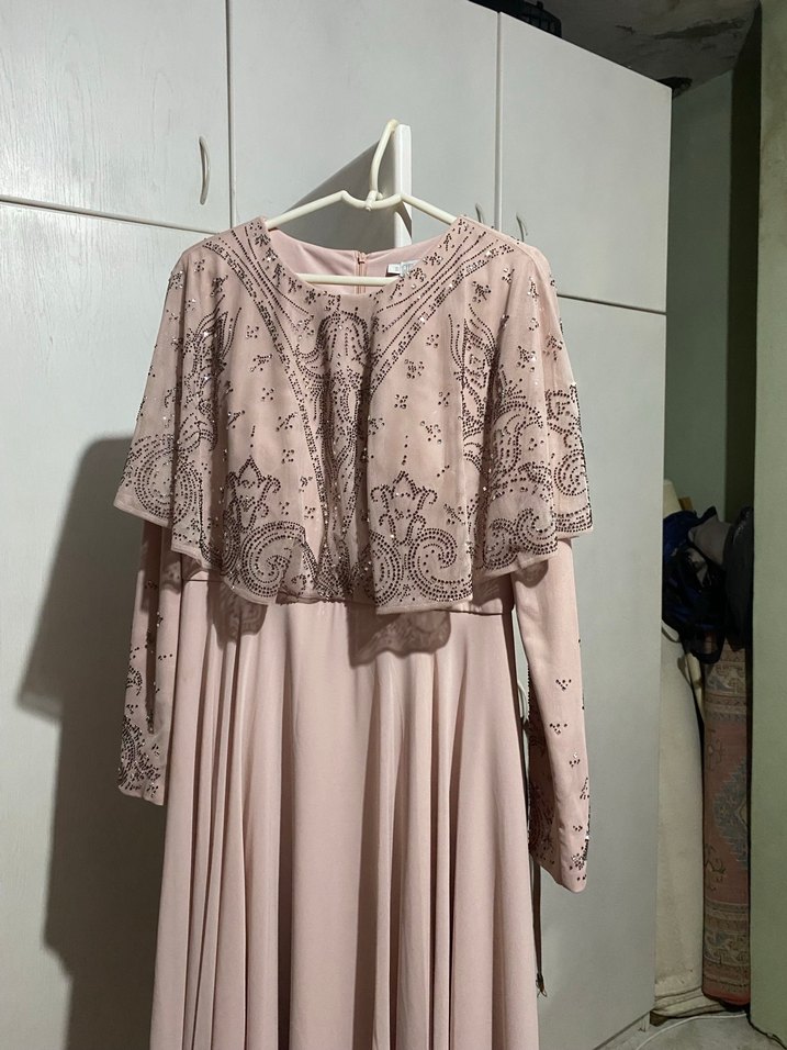 Uzun Bej Vintage Kadın Abiye Elbise - Görsel 2