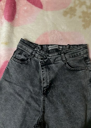 Gri Bağlama Desenli Salaş Kadın Kot Pantolon - Görsel 2