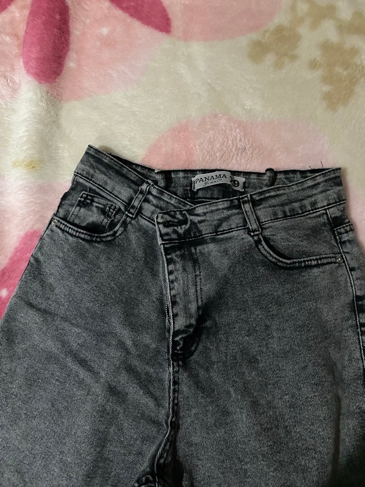 Gri Bağlama Desenli Salaş Kadın Kot Pantolon - Görsel 2