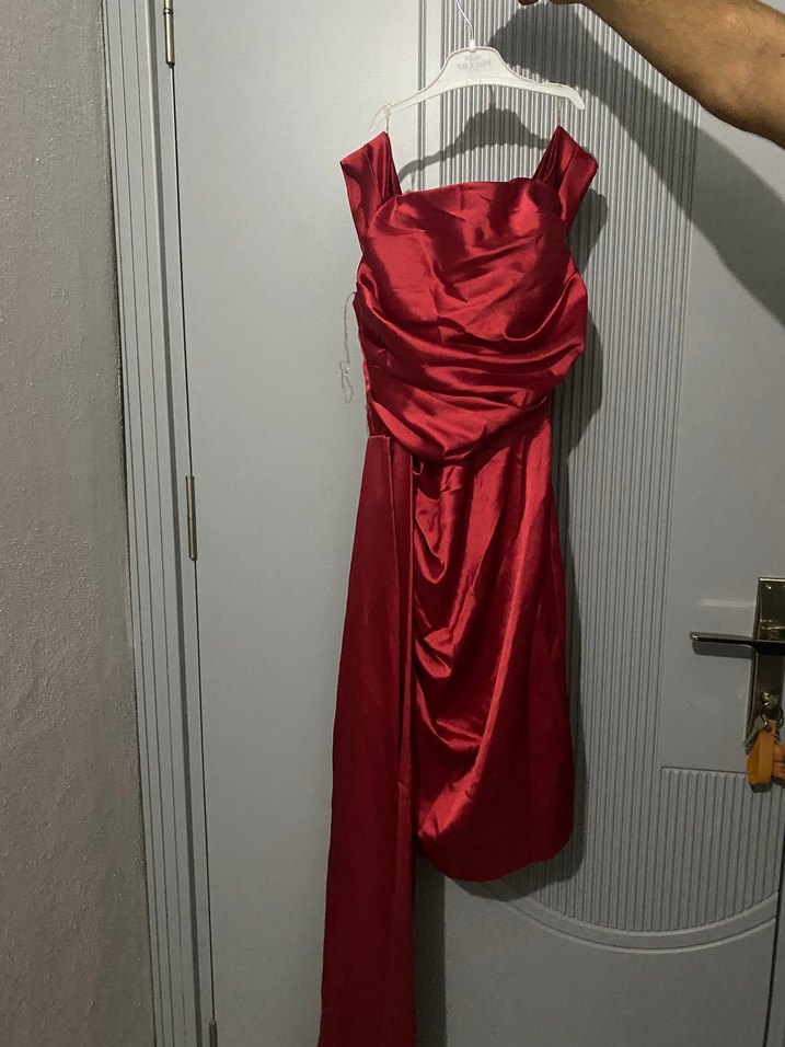 Drapeli Kırmızı Uzun Abiye Elbise - Görsel 2