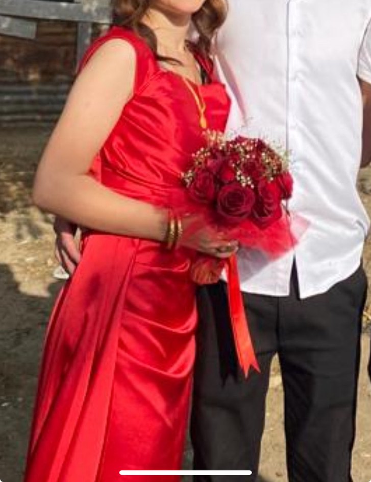 Drapeli Kırmızı Uzun Abiye Elbise - Görsel 4