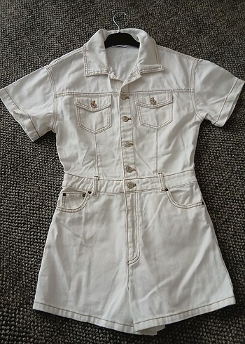 Kadın Beyaz Denim Kısa Tulum - Görsel 3