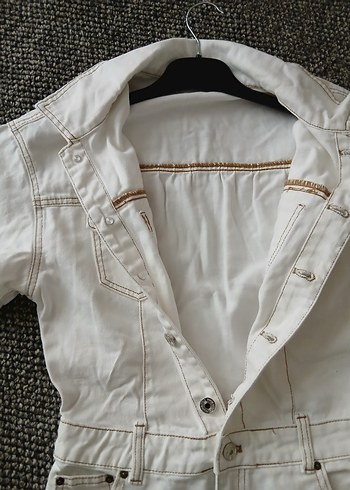 Kadın Beyaz Denim Kısa Tulum - Görsel 4