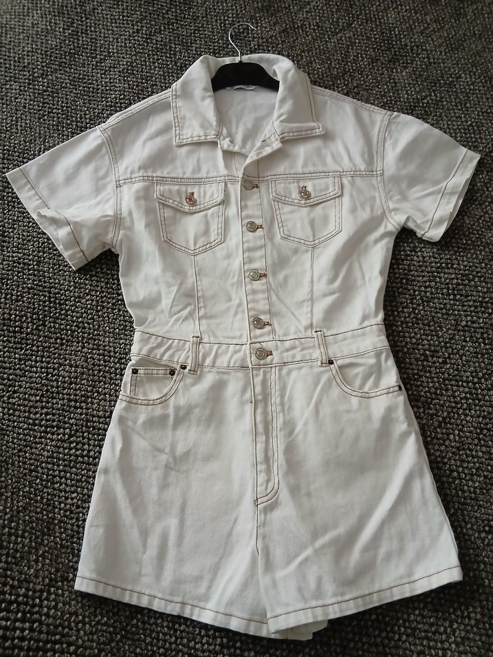 Kadın Beyaz Denim Kısa Tulum - Görsel 3