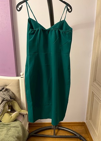 Yeşil Midi ince askılı  Drapeli Elbise - Görsel 2