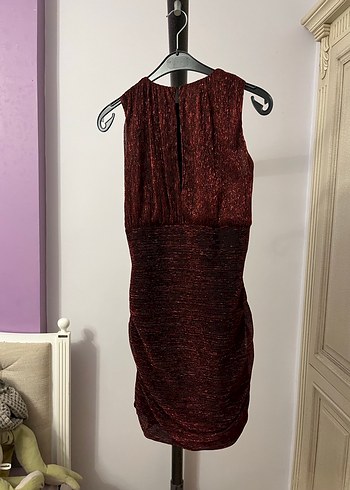 Bordo Drapeli Yüksek Yakalı Midi Elbise - Görsel 2