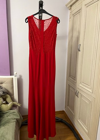 Klasik Kırmızı Uzun V Yaka Elbise - Görsel 2