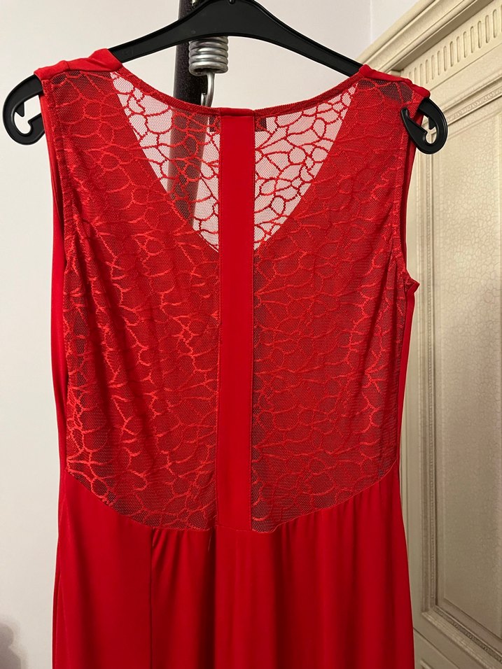 Klasik Kırmızı Uzun V Yaka Elbise - Görsel 3