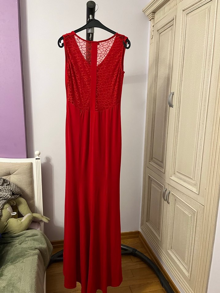 Klasik Kırmızı Uzun V Yaka Elbise - Görsel 2