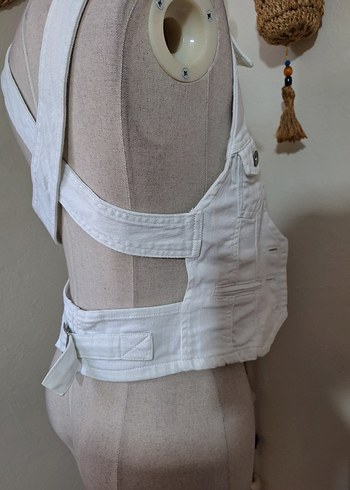 38 Beden beyaz Renk Beyaz Denim Düğmeli Halter Yaka Kadın Yelek