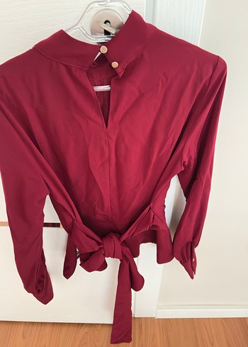 Bordo Uzun Kollu Drapeli Kadın Bluz - Görsel 2