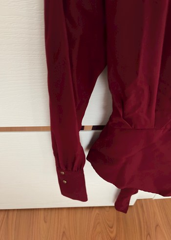 Bordo Uzun Kollu Drapeli Kadın Bluz - Görsel 3