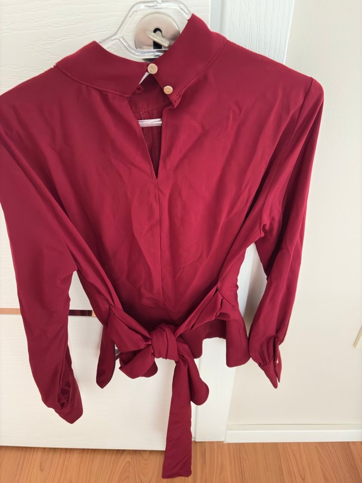 Bordo Uzun Kollu Drapeli Kadın Bluz - Görsel 2