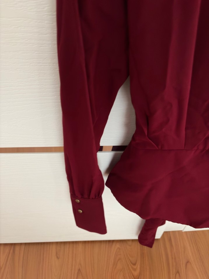 Bordo Uzun Kollu Drapeli Kadın Bluz - Görsel 3