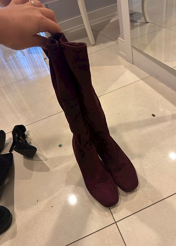 Bordo Süet Stiletto Topuklu Diz Boyu Bot