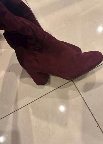 39 Beden Bordo Süet Stiletto Topuklu Diz Boyu Bot