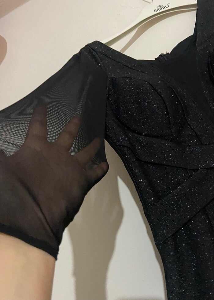 Kendinden simli kumaş siyah abiye - Görsel 4