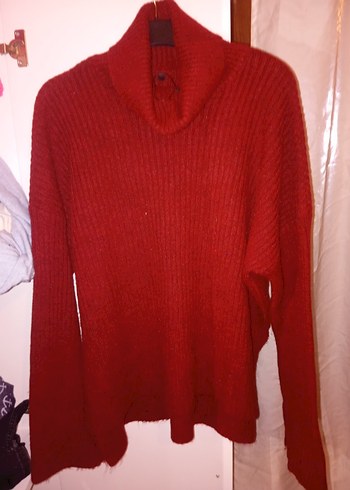 Kırmızı Boğazlı Örgü Kadın Kazak - Görsel 3